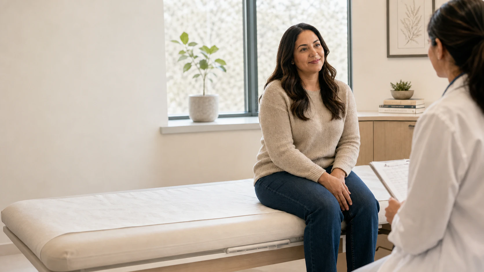 A patient talking with her physician in a calm, contemporary exam room
