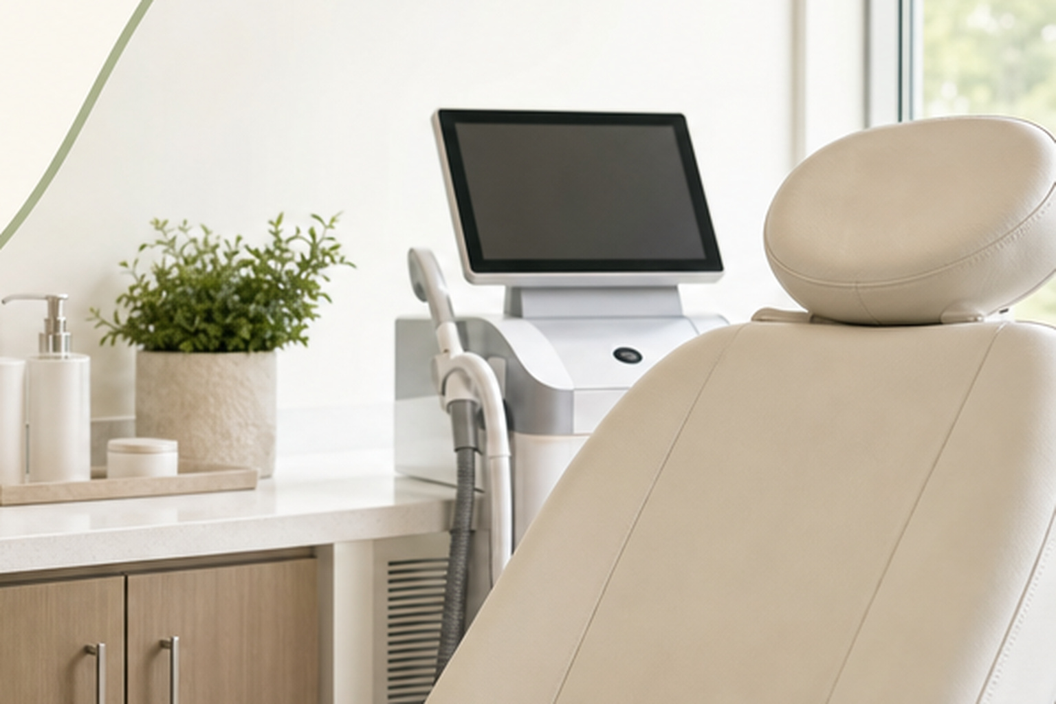 A calm, modern MedSpa treatment room with a reclining chair and aesthetic laser device