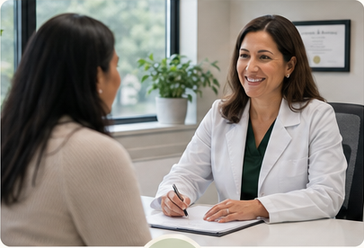 A physician talking through a primary care plan with a patient at her desk