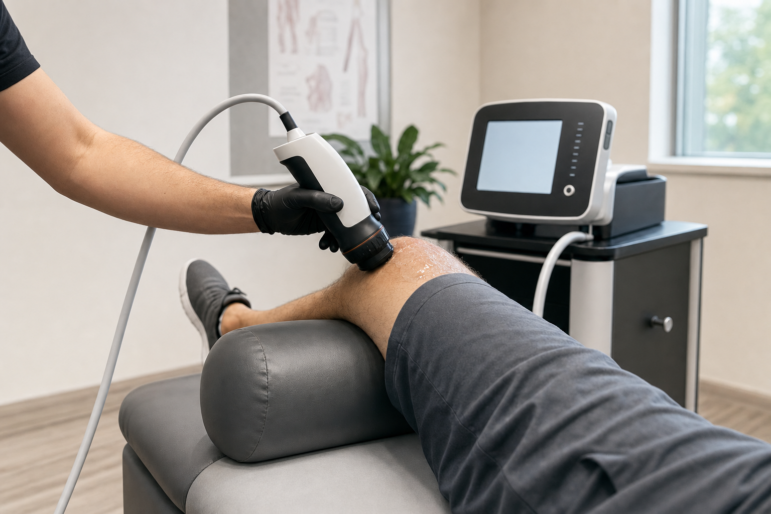 A gloved clinician holding an acoustic-wave applicator against a patient's knee in a treatment room
